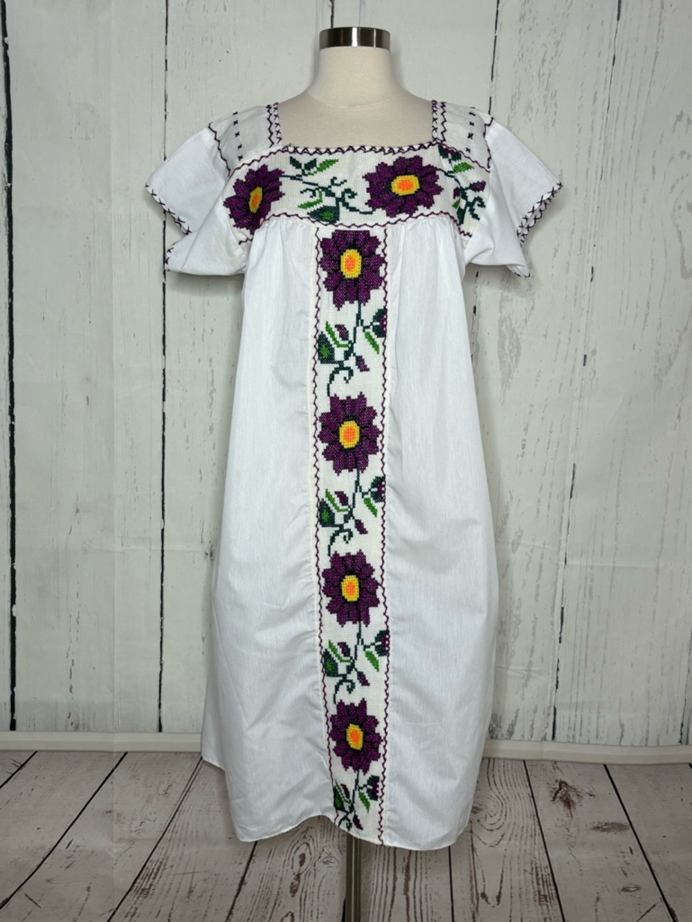 White Casual Embroidered Floral Dress - Purple & Yellow Accents